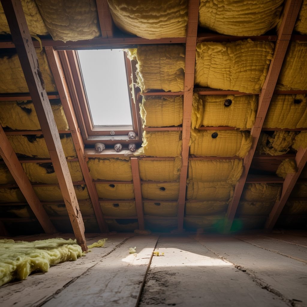 An open attic hatch showing insulation and framing, where roof rats and mice nest in Dallas homes