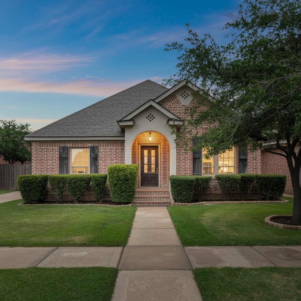 A brick single-family home of the type common across Dallas–Fort Worth, with foundation weep holes