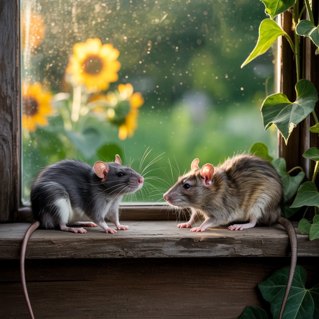 Rats feeding together, illustrating the roof rat and Norway rat species Dallas homeowners face